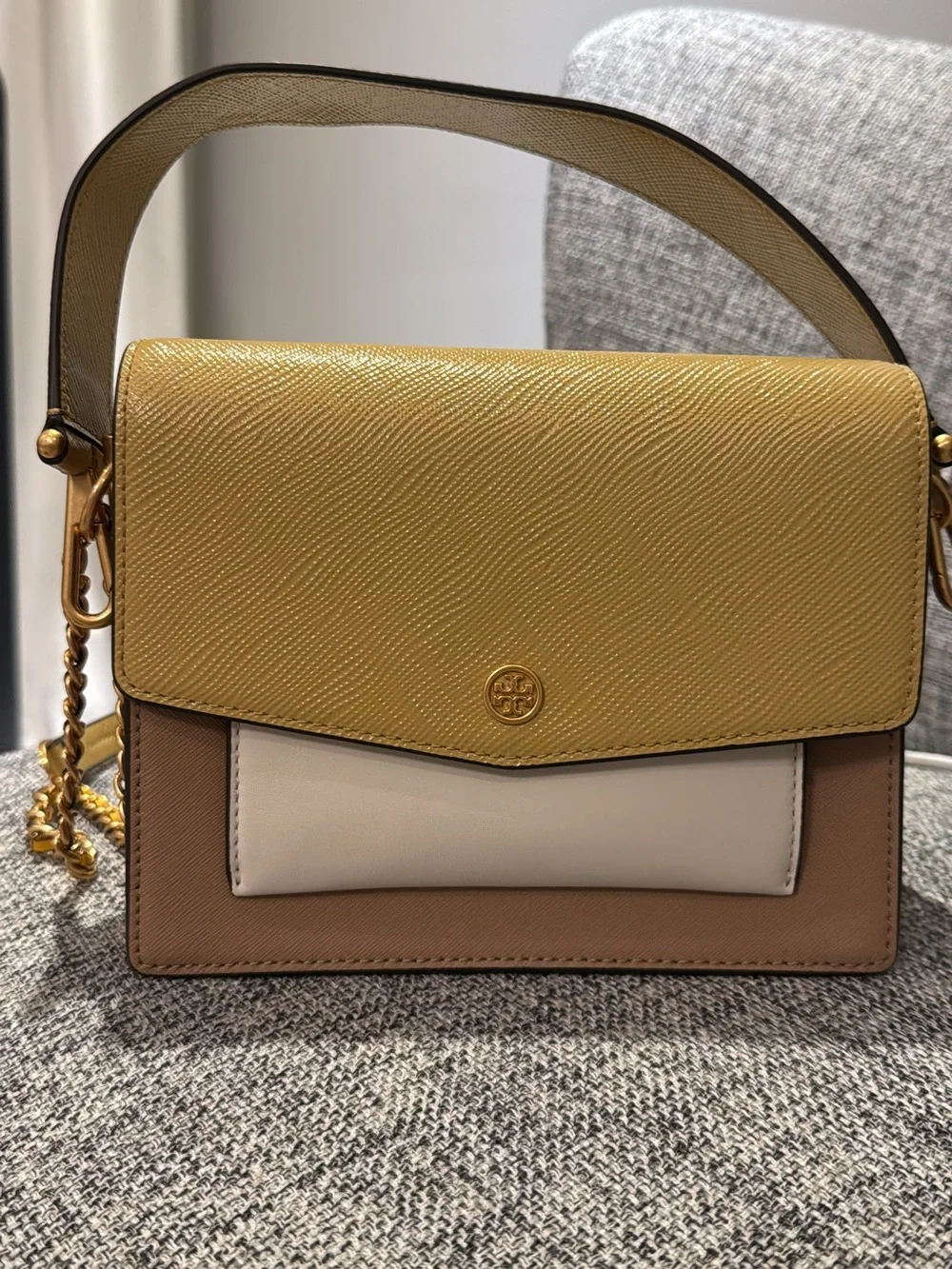 Tory Burch Colorblock Leather Shoulder Bag in Mustard, Beige and Taupe